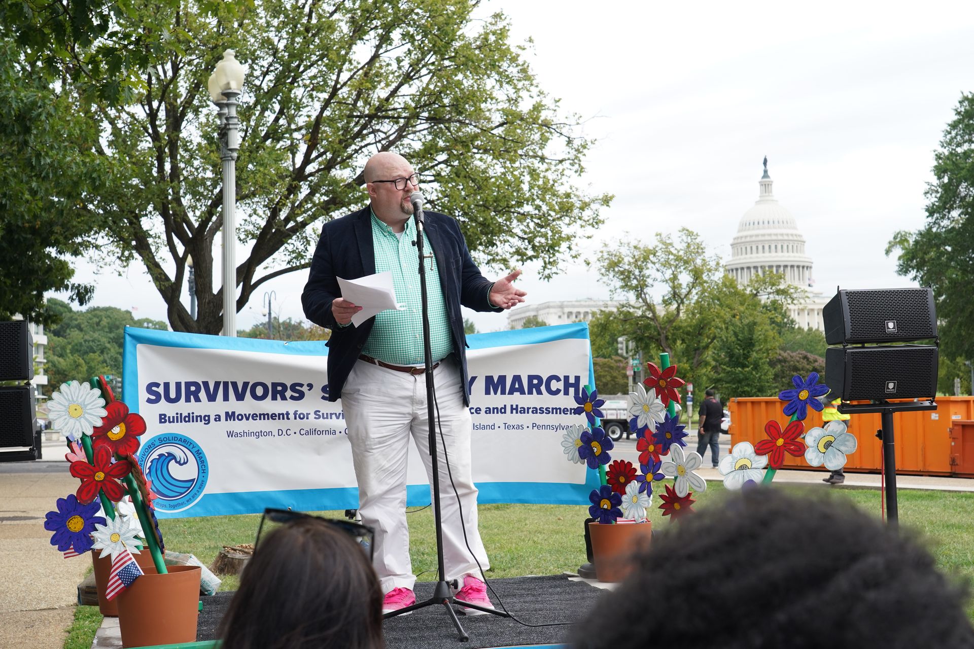 Steve Simons, author of Bloom Safe Act, speaks at Survivors Solidarity March, September 26, 2026. Photo credit: Leigh Vogel / Getty Images