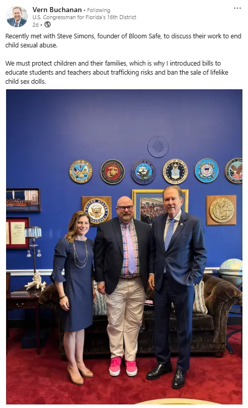 Pictured L-R Adrianne Simeone, Steve Simons, Congressman Vern Buchanan Meet in Washington, DC.  (source Congressman Buchanan via Linkedin)